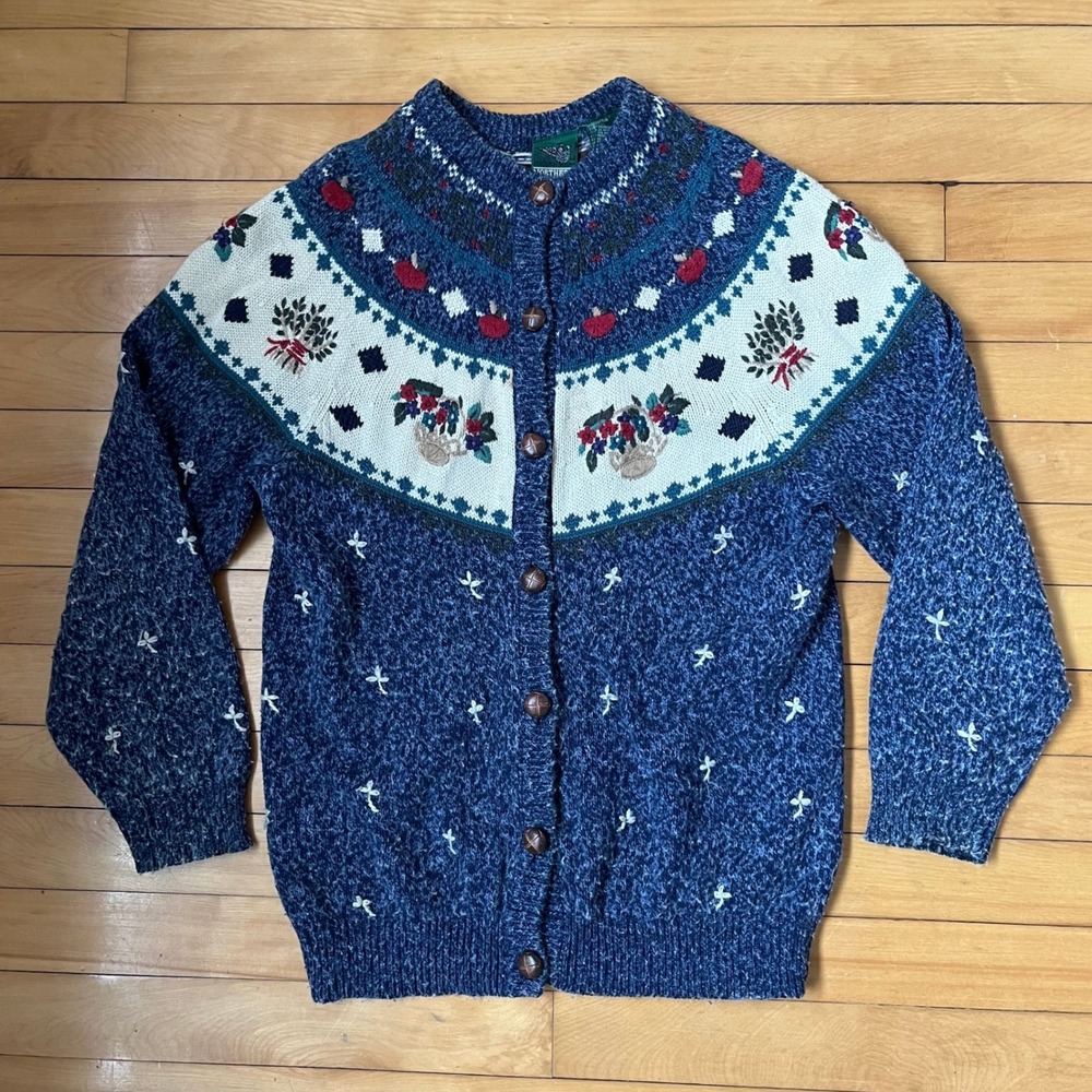 Vintage Northern Reflections Blue Embroidered Mushroom Floral Cardigan Sweater